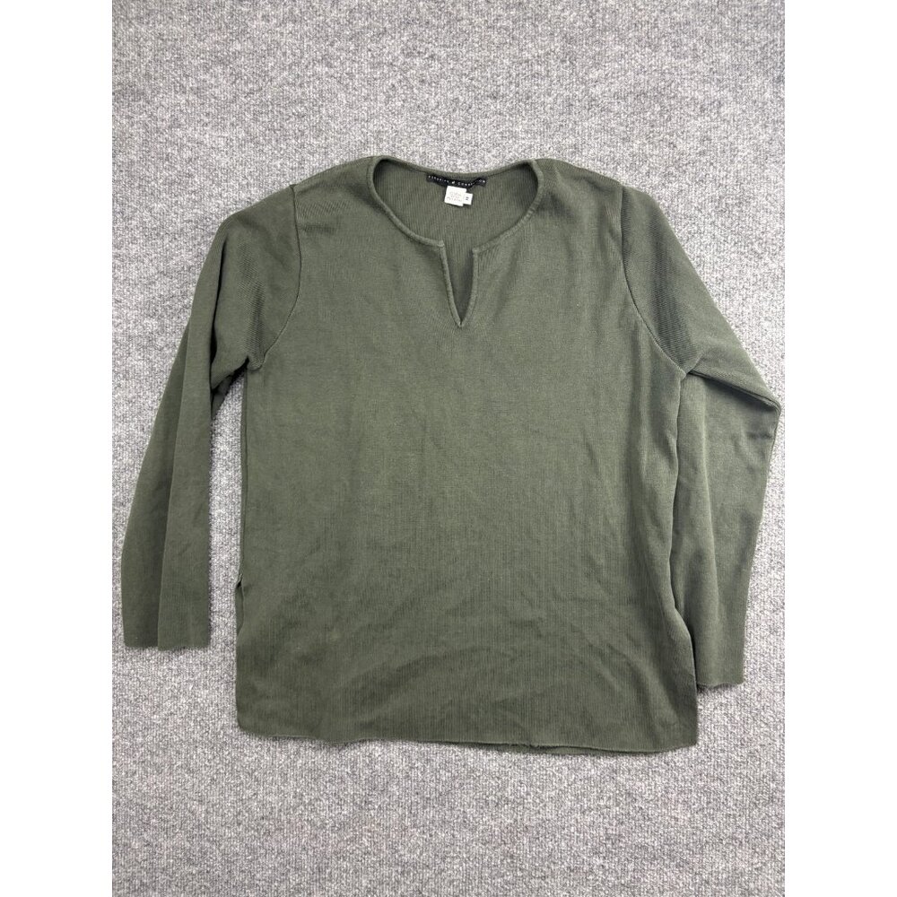 Peruvian Connection Sweater Womens Medium Green Cotton Split V Neck Pullover